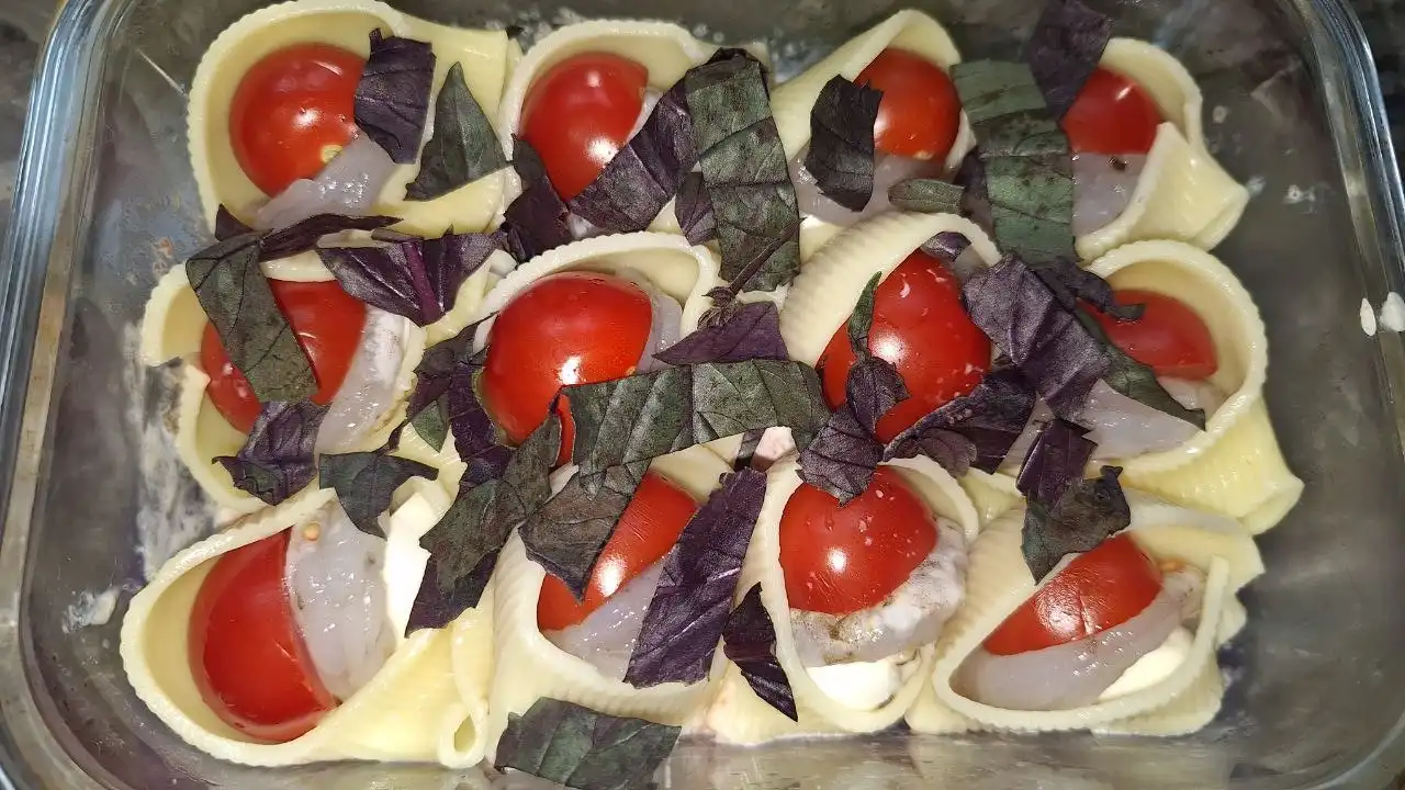 Конкильони, фаршированные креветками и моцареллой