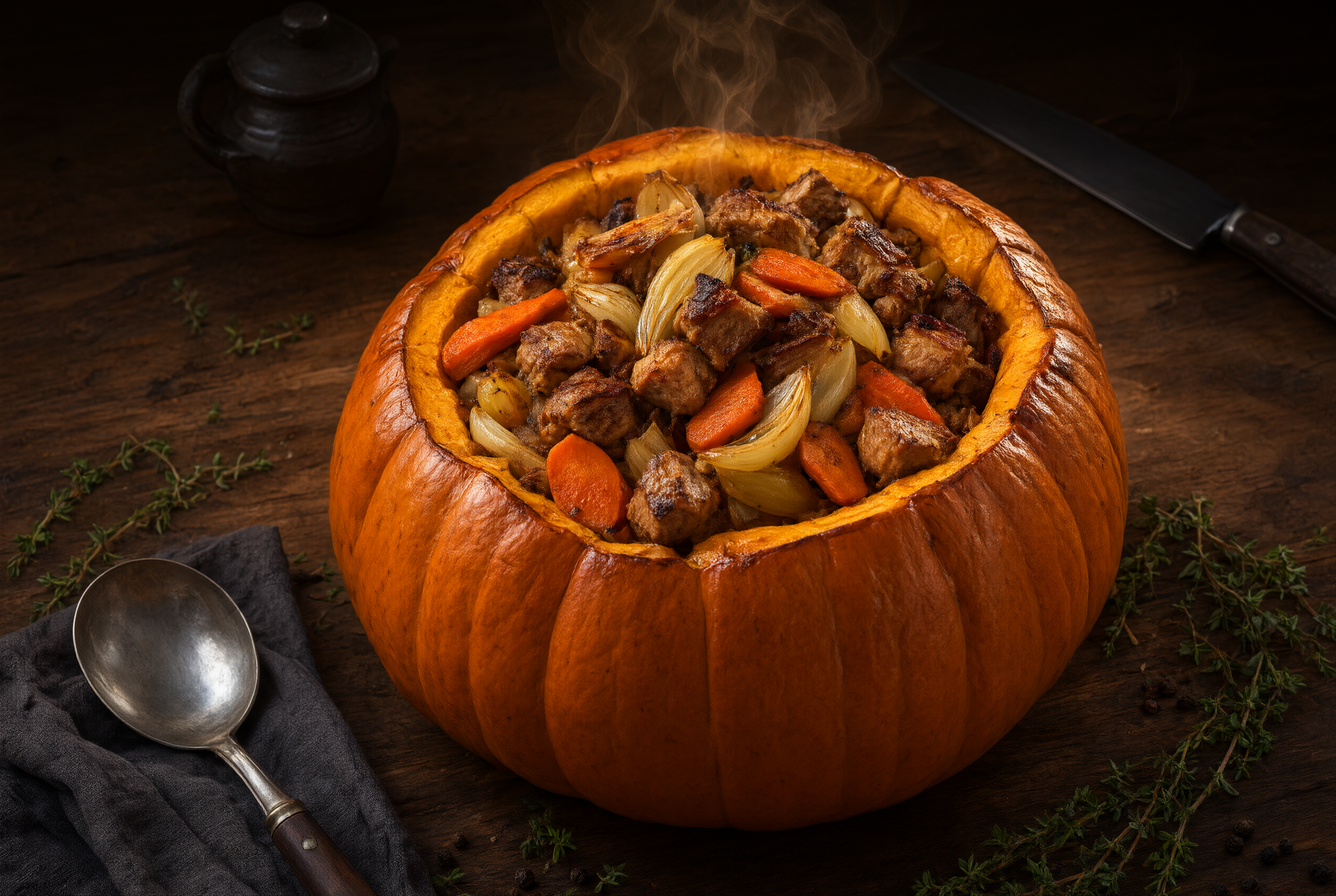 Тыква-горшочек, фаршированная свининой и овощами